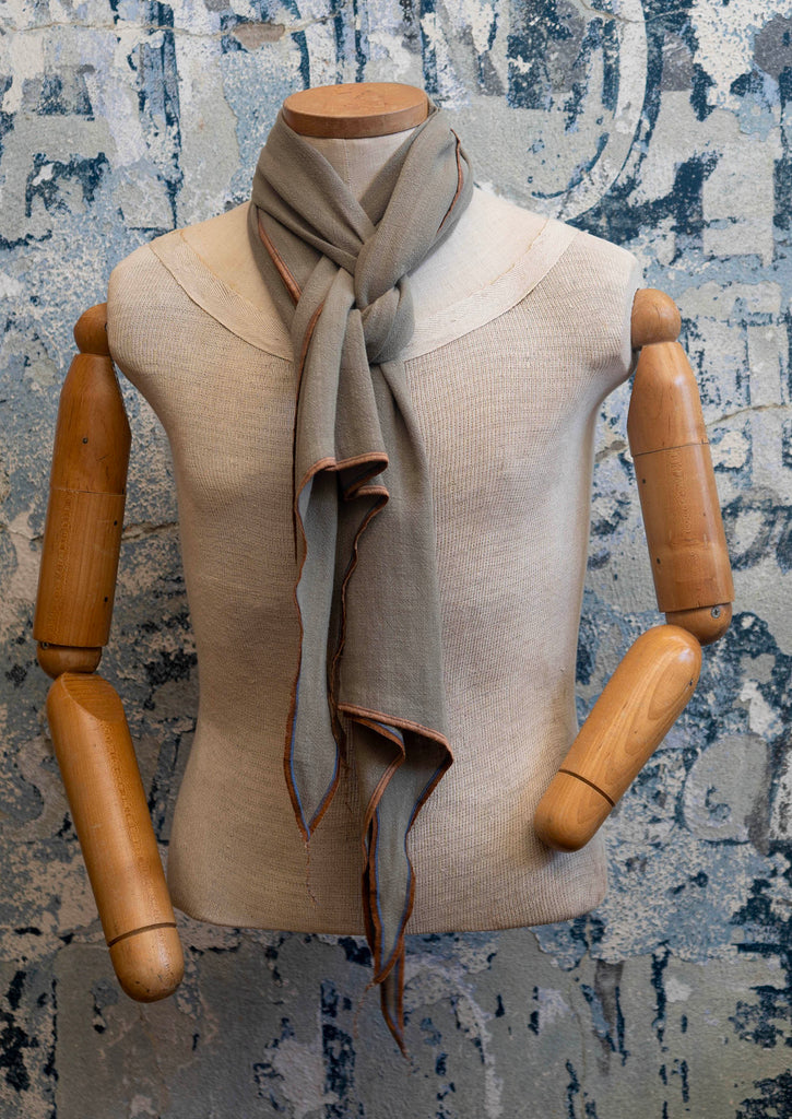 Linen Scarf in earthy olivewood tones draped elegantly