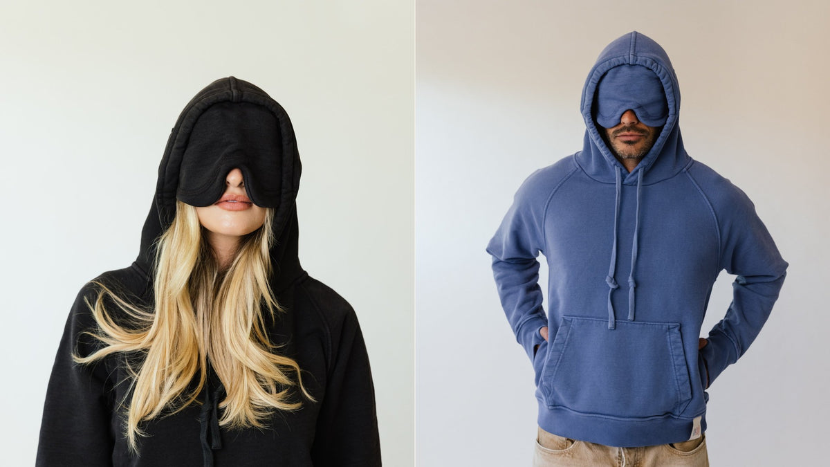 Two wearers with the Apollo X eye mask folded down from the hood